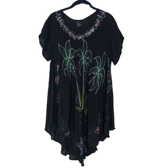 Ace Fashion Mini Dress/Tunic Top Handpainted Graphic Print of Palm Trees Flowers - Picture 1 of 9